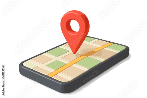Smartphone map with red pinpoint for GPS navigation. 3D vector illustration for destination, location, and route. Mobile app interface for travel, direction, and address search.
