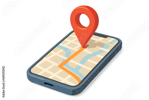 Smartphone map GPS navigation application with red pinpoint. Location tracking concept. Mobile destination search. Route planner. Geotagging. 3D vector cartoon illustration.
