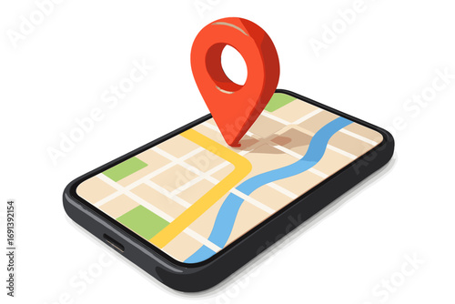 Smartphone map GPS navigation app with red pin pointer. 3D location tracking and destination search concept. Mobile technology for city travel, route finding, and tourism. Vector