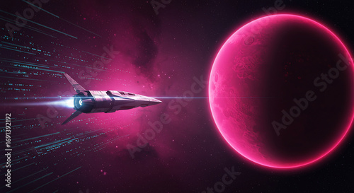 Fototapeta Naklejka Na Ścianę i Meble -  A sleek, futuristic spaceship travels at high speed through a vibrant pink nebula, approaching a large, glowing magenta planet