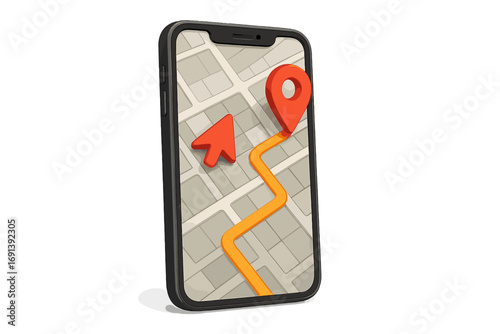 3D GPS navigation app on smartphone screen. Mobile phone showing city street map with route path and location pin. Destination tracking and geolocation technology concept.