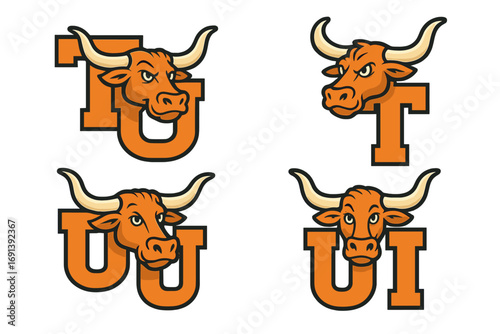 Longhorn bull mascot logo set with letters T, U, I. Vector Texas longhorn head for sports team emblem. Angry cow face cartoon for college identity. Strong cattle character pack.