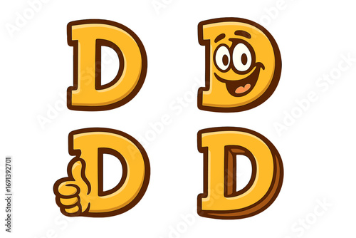 Cartoon letter D character set. Mascot D monogram logo collection for kids. Alphabet font icon with smiley face, thumbs up gesture and 3D effect. Vector illustration.