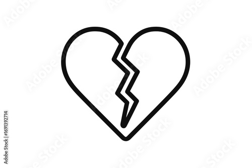Broken heart icon symbol of heartbreak, sadness and love pain. Vector line art illustration of a breakup, divorce or relationship problems. Simple minimal outline graphic.