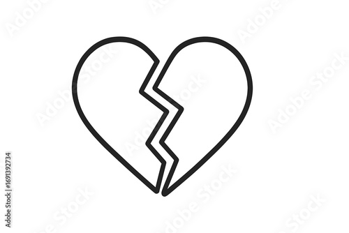 Broken heart line icon vector symbol of heartbreak and sadness. Metaphor for divorce, separation, and love lost. Simple outline pictogram for web and graphic design.