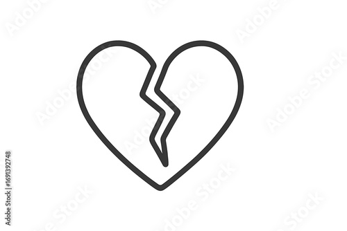 Broken heart icon. Symbol of heartbreak, divorce, and sadness. Love failure, relationship problem concept. Pain, sorrow, and loneliness metaphor. Minimalist line art pictogram.