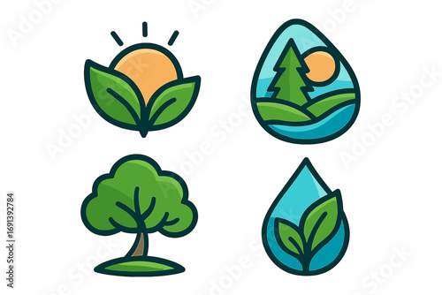 Nature icon collection. Environment and ecology logo concept. Sun and leaf, simple tree, water drop with plant, and landscape badge. Vector illustration for eco conservation.