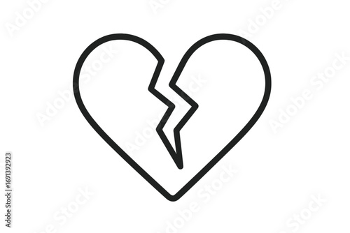 Broken heart icon symbol of heartbreak, sadness, and lost love. Vector outline illustration for concepts of divorce, relationship crisis, and sorrow. Simple linear graphic.