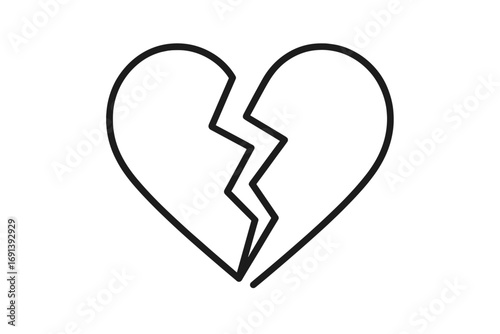 Broken heart icon symbol of heartbreak, sadness and loneliness. Simple linear vector illustration for concepts of lost love, divorce, breakup or relationship problems.