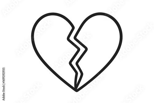 Broken heart icon. Vector outline graphic of heartbreak and sadness. Symbol for concepts of divorce, breakup, loneliness, and emotional pain. Sad valentine love metaphor.