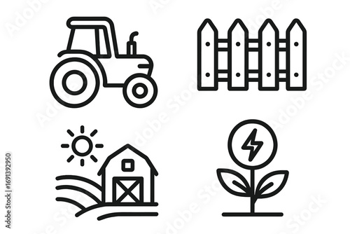 Agriculture and farming line icon set. Contains icons of tractor, fence, barn, field, sun, and bioenergy plant. Vector symbols for organic farming and rural life.