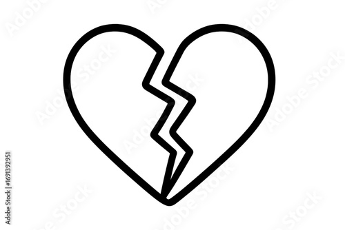 Broken heart icon vector outline symbol. Heartbreak, lost love, sadness concept. Simple line art illustration for graphic design, web, apps, cards. Divorce, separation sign.