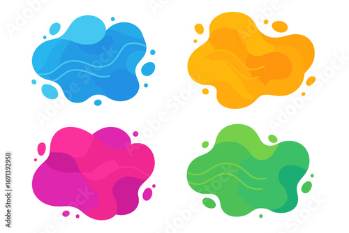 Set of colorful abstract liquid shapes. Vector illustration of modern fluid amoeba blobs. Dynamic gradient splashes for banner design, background or text frame. Isolated graphic elements.