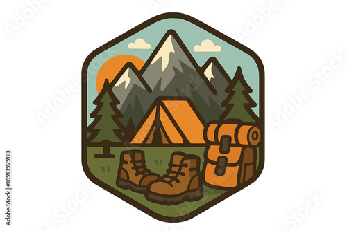 Mountain adventure camping badge. Outdoor hiking and trekking vector illustration. Retro wilderness exploration patch with tent, backpack, boots and nature landscape.