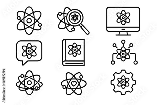 Atom science and technology icon set. Physics, chemistry, nuclear energy research, and education concepts. Thin line vector icons with editable stroke for web and apps.