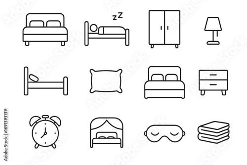 Bed and sleep thin line icon set. Bedroom furniture, home interior. Editable stroke icons for web. Pillow, lamp, wardrobe, clock. Rest, relax, good night, insomnia concept.