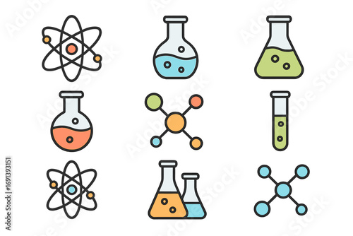 Science and chemistry color line icon set. Atom, molecule, laboratory flask, beaker, test tube vector icons. Chemical research, physics, biology experiment concepts.