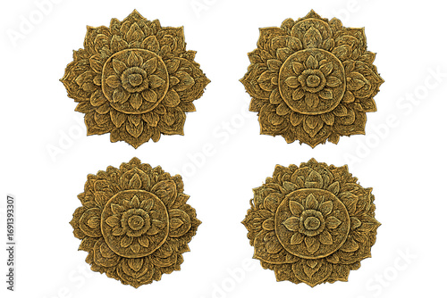 Set of traditional Thai floral pattern medallions. Golden Asian art style carving. Intricate lotus mandala ornament for decoration, yoga, or spiritual design concepts.