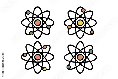 Atom icon bundle. Science symbol for physics, chemistry, nuclear energy. Atomic structure concept with electron, proton, neutron. Molecule, particle pictogram for web. Vector.