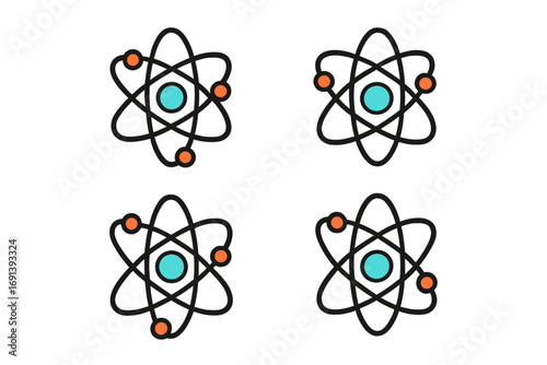Atom icon set. Science symbol, nuclear energy, physics sign. Molecule, chemistry, proton, electron concept. Vector illustration for scientific research, education, technology.