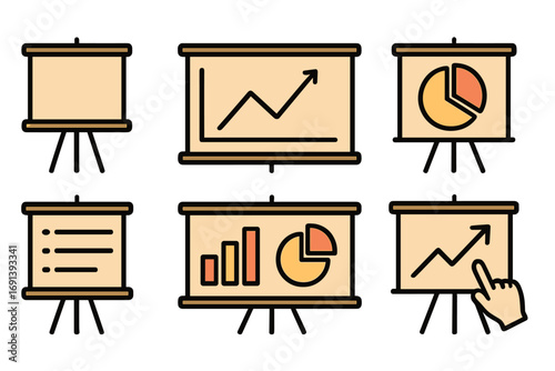 Business presentation icon set. Flip chart with data visualization graphs and charts for analytics report. Marketing strategy, financial growth, and statistics concepts vector.