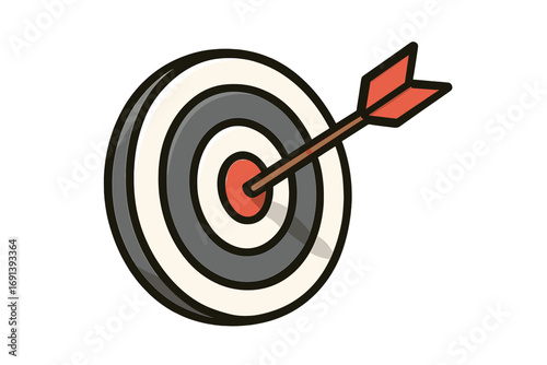 Arrow hitting the bullseye in the center of a target. Business success, goal achievement, and marketing strategy concept. Vector logo icon for precision, focus, accuracy.