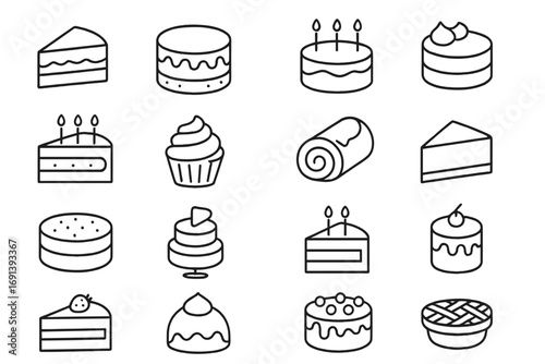 Cake and dessert line icon set. Pastry, bakery, and sweets collection. Vector icons for birthday, celebration. Includes pie, cupcake, roll cake, and slice. Editable stroke.
