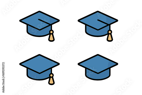 Graduation cap icon set for education and academic achievement. University mortarboard symbol. Student degree ceremony vector illustration. School learning and success concept.