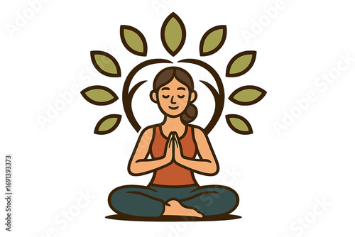 Woman meditates in lotus pose. Yoga girl in prayer position for harmony and relaxation. Tree of life logo concept for wellness and mindfulness. Spiritual zen vector icon.