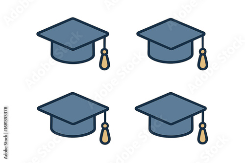 Graduation cap icon bundle. Academic mortarboard vector set. Education and knowledge symbol. University degree or college diploma pictogram. Achievement and success concept.