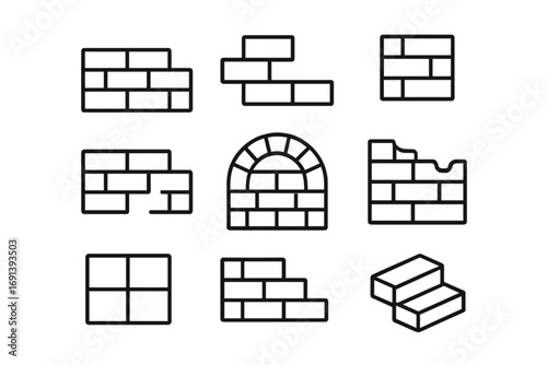 Brick wall line icon set for construction. Building masonry and brickwork outline signs. Vector icons of block, stairs, arch, and window for web design, apps, and graphics.