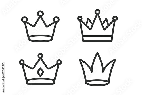 Crown line icon set. Royal king, queen, prince symbol collection. Simple black outline doodle vector illustration. Royalty, power, luxury, leadership, winner concept.