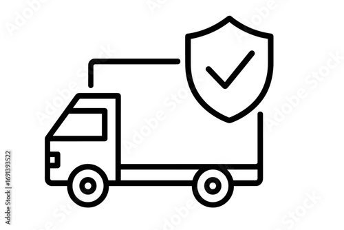 Delivery insurance line icon. Secure shipping, logistics concept. Protected cargo, safe transport symbol. Guaranteed freight delivery. Check mark shield. Van protection vector.
