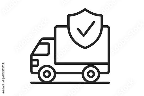 Delivery insurance icon. Secure cargo, safe shipping concept. Insured freight transport protection. Logistics truck with shield and check mark. Guaranteed transportation service symbol.