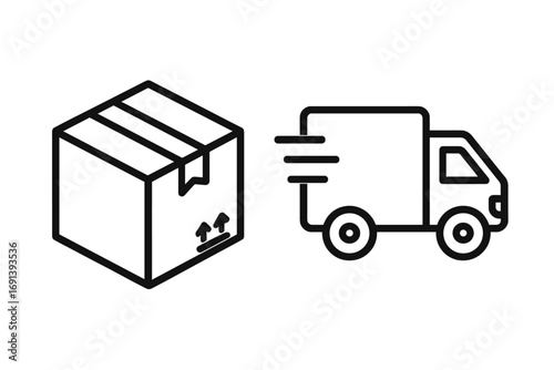 Fast delivery truck and package icon. Vector line art symbol for shipping service, logistics, and transport. Cargo van and parcel box outline for web, apps, and e-commerce.
