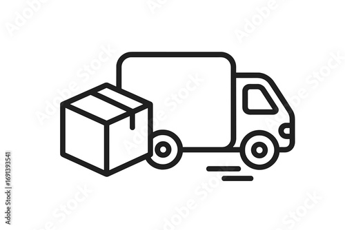Fast delivery truck icon. Shipping service for online order and cargo transport. Logistics van with package. E-commerce freight symbol for web and apps. Vector line art.