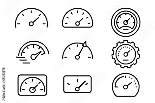 Speedometer line icon collection. Gauge, tachometer, and dashboard symbols. Fast performance, speed test, and measurement concepts. Vector signs for web, app, and UI design.