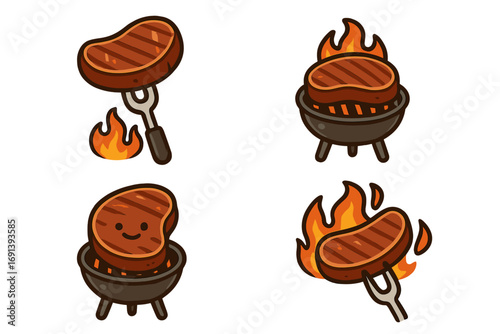 Set of cartoon grilled steak icons. Cute BBQ food character on a flaming grill. Vector illustration for barbecue party, restaurant menu or mascot logo. Meat cooking on fire.