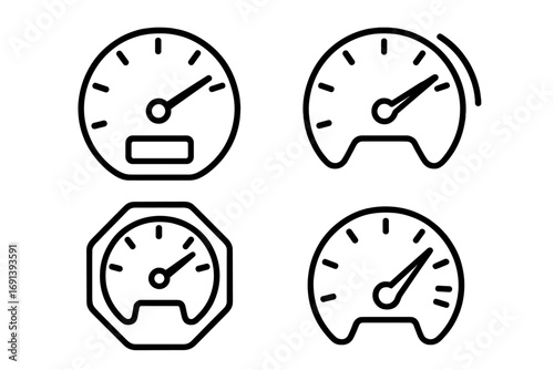 Speedometer gauge line icon set for performance measurement. Dashboard meter for speed test and car control panel. Vector graphic for web, UI, UX, app design. Fast indicator symbol collection.