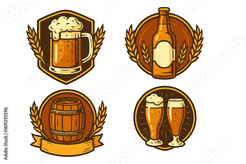 Beer logo badge set for craft brewery. Vector cartoon illustration collection. Retro pub sign, bar emblem with mug, bottle, barrel, glass icons for ale or lager festival.