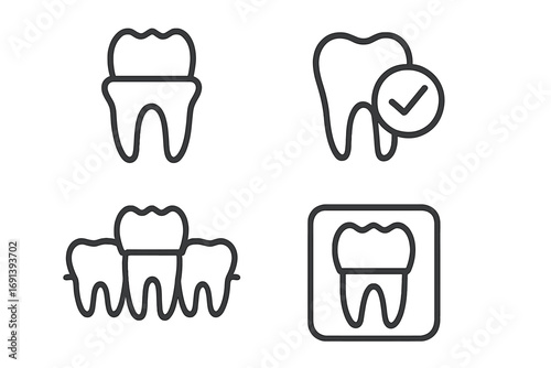 Dental crown, bridge, and x-ray line icon set. Dentistry, stomatology concepts. Tooth health, care, treatment, and restoration symbols for web and graphic design. Vector.
