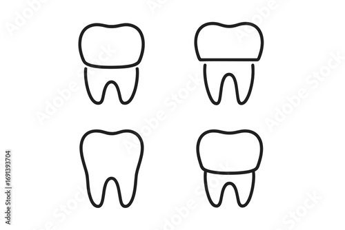 Tooth icon set with dental crown. Minimalistic line art for dentistry, stomatology. Vector for web, graphic design, apps. Oral health, restoration, implant concept.