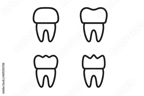 Dental crown tooth icon set. Dentistry symbol collection. Oral care and hygiene. Minimalist outline vector for web, graphic design, apps. Stomatology, dental treatment concept.