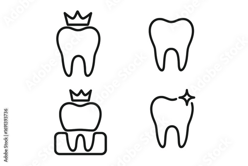 Dental crown icon set. Tooth implant, cleaning, and whitening concepts. Dentistry line art. Oral care, stomatology, and hygiene symbols. Vector for web, logo, clinic.