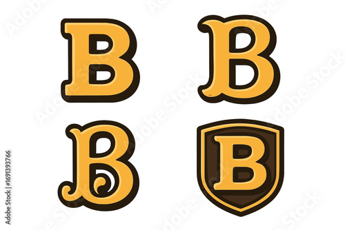 Letter B monogram logo design set. Vector collection of alphabet B icons for brand identity. Vintage font symbol. Retro cartoon typeface elements. Initial sign with shield.