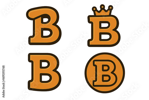 Letter B monogram logo design set. Vector B icon collection. Royal B with crown, B coin symbol for bitcoin or currency. Alphabet typography font element for brand identity.