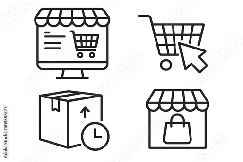 Online shopping line icon set. E-commerce, web store, internet retail concept. Vector symbols for order, purchase, buy, click, fast delivery, shipping, and storefront.