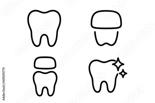 Dental crown line icon set. Tooth restoration and implant procedure. Dentistry, stomatology vector icons. Oral care, teeth cleaning, whitening. Medical pictogram collection.