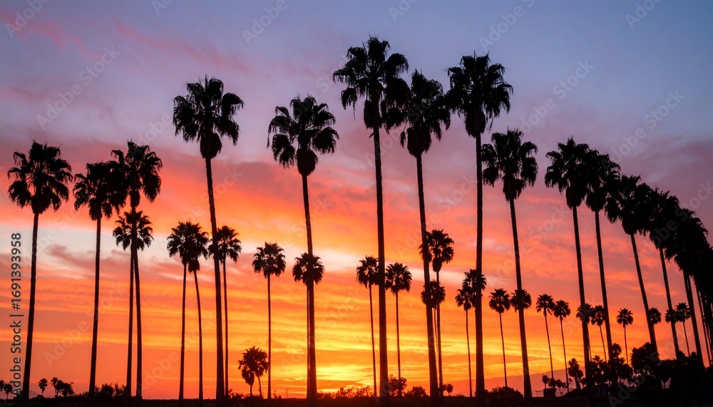 Obraz premium Majestic silhouettes of tall palm trees against a dramatic sunset gradient from fiery orange and red near the horizon to deep indigo blue