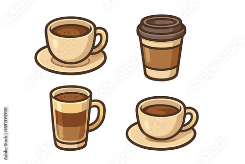 Coffee drinks icon set. Vector cartoon illustration of espresso, latte, americano in cups and mugs. For cafe menu, beverage graphic, web, app design. Hot beverage collection.